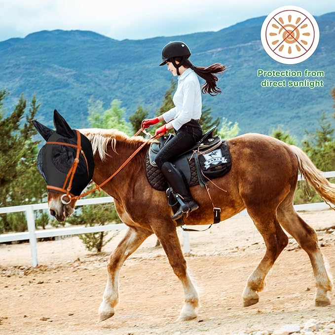 Horse Fly Mask with Ears, Comfortable Fit Stretch Fabric with UV Protection Soft on Skin Breathability for Small/Medium Size Horses (Black)