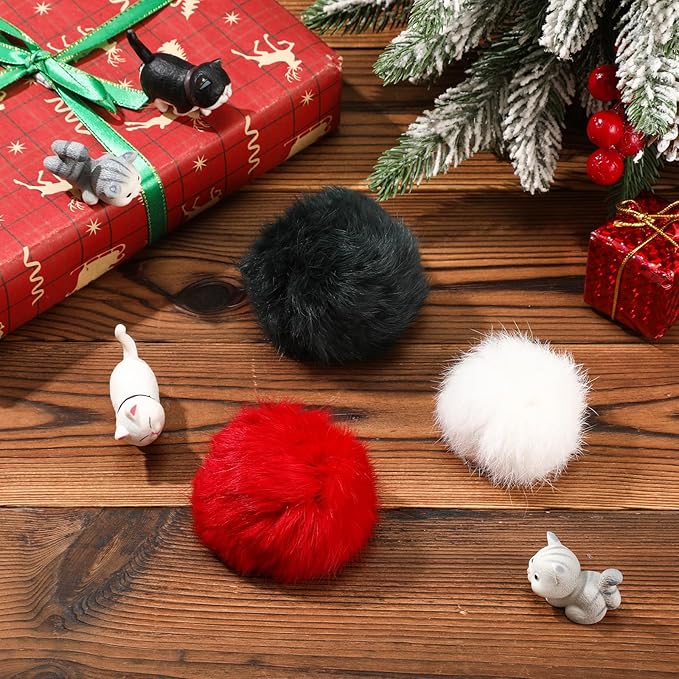 LEIFIDE 12 Pieces Real Rabbit Fur Pom Pom Kitty Cat Toy Fluffy Cat Balls Soft Fuzzy Balls for Kitty Pets Kitten Chase Quiet Play, 3 Inches in Diameter(Red,White,Green)