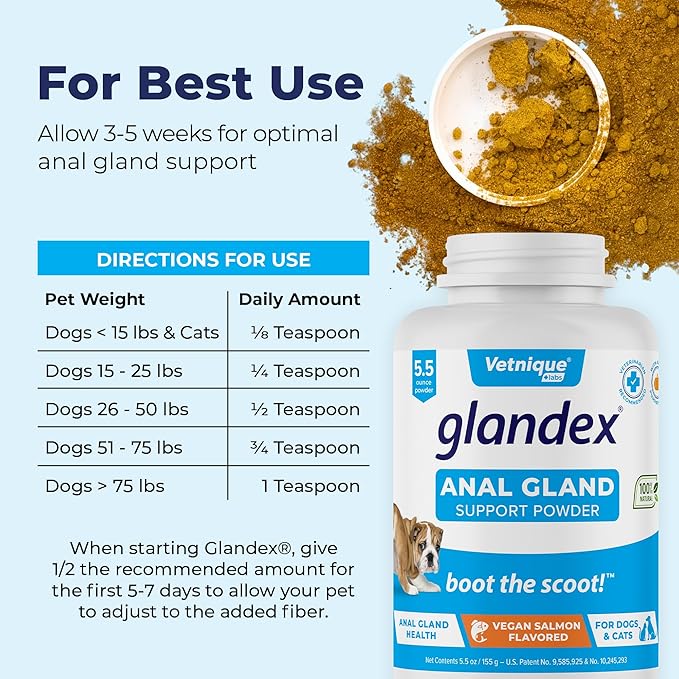 Glandex Dog Fiber Supplement Powder for Anal Glands with Pumpkin, Digestive Enzymes & Probiotics - Vet Recommended (Regular or Advanced Strength) - Boot The Scoot (5.5 oz, Vegan Salmon)