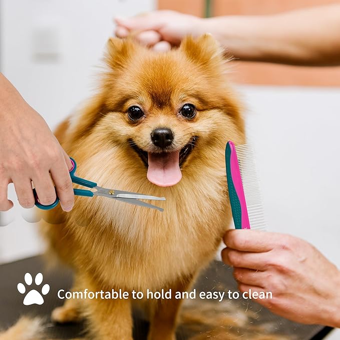 Professional 5 in 1 Pet Grooming Kit - Stainless Steel Dog & Cat Grooming Scissors with Rounded Tip Blades for Safe Fur Trimming, Thinning Shears, Straight Scissors, and Pet Comb (Green 5 in 1)