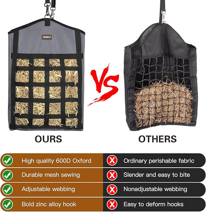 Hay Bags for Horses,3 Packs Slow Feed Hay Bags for Goats,Sheep,Donkey,Premium Oxford Hay Feed Bags with Front Hay Nets Design, Easy to Fill and Hang with Large Opening (1 Black+2Grey)