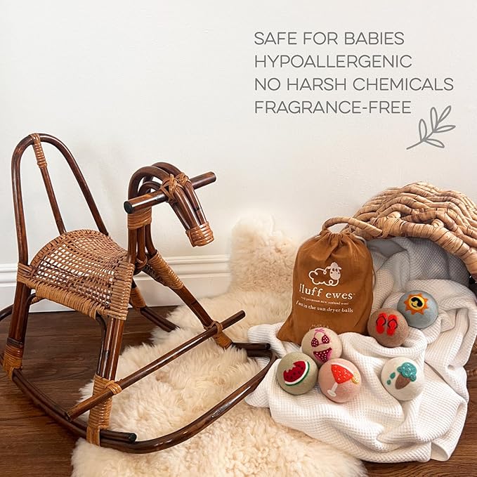 Fluff Ewes Wool Dryer Balls 6 Pack Premium New Zealand Wool Laundry Balls for Dryer, No Static Dryer Balls Laundry Reusable, XL Wool Dryer Balls Cute, Baby Dryer Balls for Dryers - Fun in The Sun