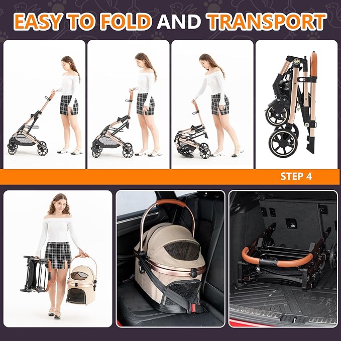 Kenyone 3-in-1 Pet Stroller for Small Medium Dogs Puppy Cat Stroller with Detachable Carrier & Pad Lightweight Foldable Aluminum Alloy Frame Dual No-Zip Entry(Khaki)