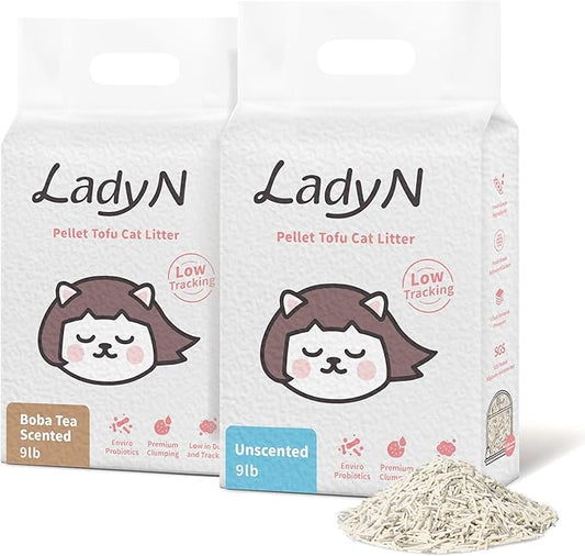 Lady N Pellet Tofu Cat Litter, Strong Clumping Ultra Absorbent Natural Litter, Dust-Free, Low Tracking Cat Litter, Enviro-probiotic and Activated Carbon for Odor Control 18lb (Boba Tea+ Unscented)