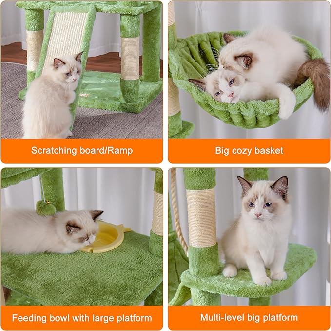 Heybly Tall Cat Tree,78 inch Multi-Level Cat Tower for Indoor Cats, 2 Widened Plush Perches Cat Condo with Scratching Board and Big Caves, Green HCT033GR