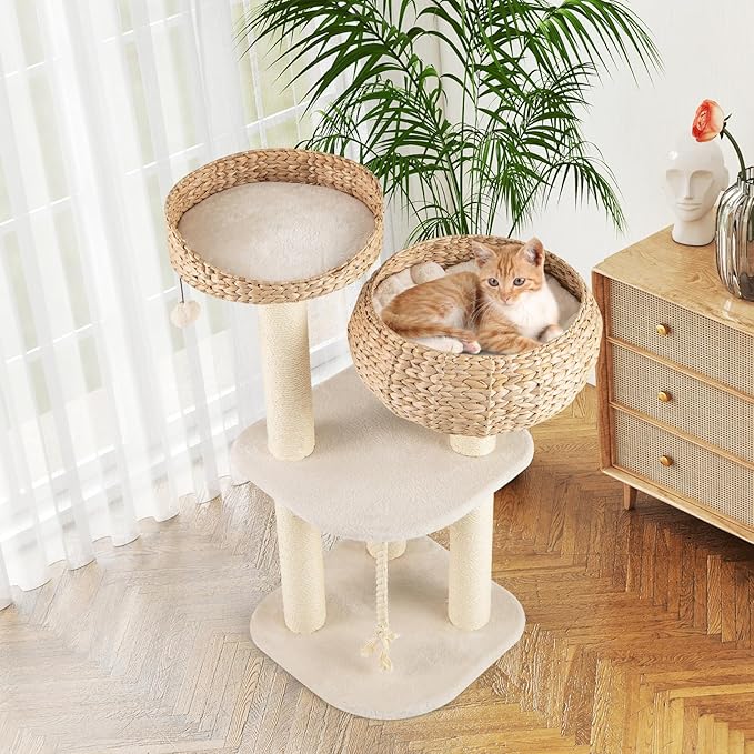 Tangkula Modern Cat Tree, Tall Cat Tower with Natural Sisal Scratching Post, Hand-Made Wicker Cat Condo & Top Perch, Funny Hanging Toy Ball, Cute Cat Tree Tower for Indoor Cats