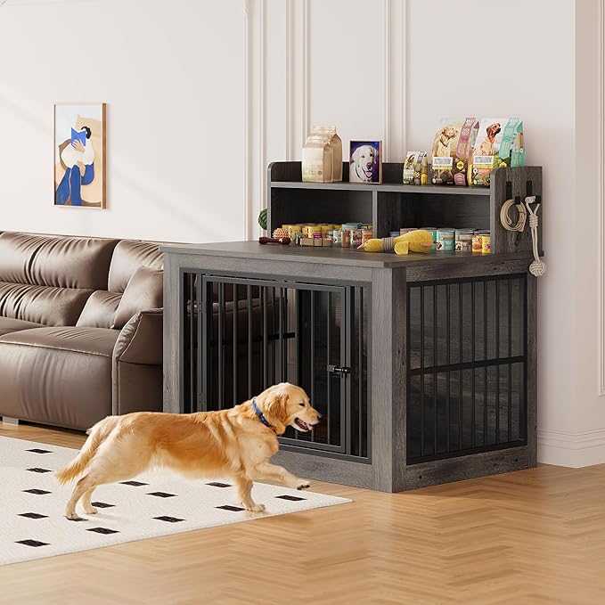 IRONCK Extra Large Dog Crate Furniture, 43.3 inches Wooden Dog Crate with Storage and 4 Hooks, Heavy Duty Pet Crate for Large Dog, Decorative Pet Cage for Indoor (30" L x 43.3" W x 41.1" H)
