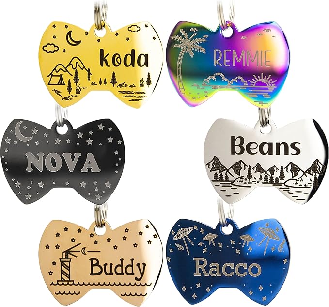 Personalized Dog Tag with 5 Lines of Custom Deep Engraved Durable Stainless Steel Pet ID Name Tag Designer Regular Size Bow Tie