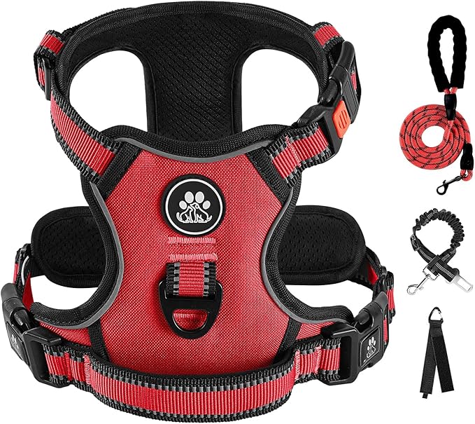 IVY&LANE No Pull Dog Harness for Medium Dogs, Dog Vest Harness with Leash, Safety Belt and Storage Strap, Fully Adjustable, 360 Reflective Strip, Soft Handle (Red, M)