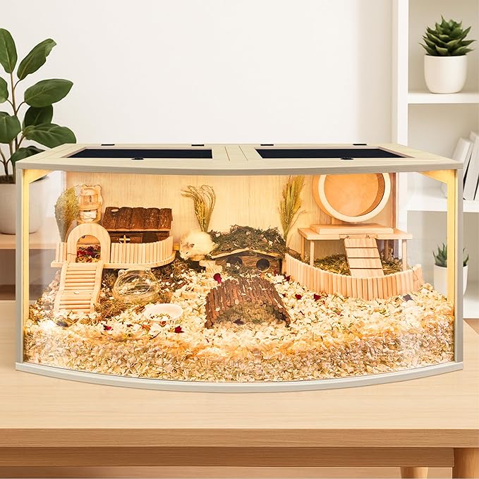 Prolee Hamster Cage Chew Proof Wood, Hamsters Enclosure Openable Top with Curved Design,Waterproof Small Animals Cage with Acrylic Sheets for Gerbils,Hamster Habitat(32 Inches)