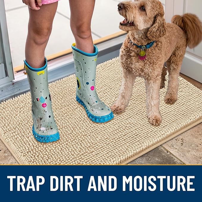 Smiry Dog Door Mat for Muddy Paws 59x35, Absorbs Moisture and Dirt Doormat, Non-Slip Washable Quick Dry Chenille Front Door Mat Indoor Entrance, Entryway Carpet for Inside Floor, Beige