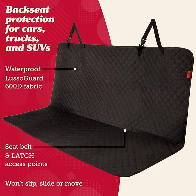 Lusso Gear Dog Car Seat Cover - Non-Slip Waterproof Back Bench Protector for SUV, Car, Truck - Basic Edition Black for Dogs - Camping Gear - Back Seat Covers for SUV