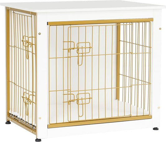 DWANTON Dog Crate Furniture with Cushion, Wooden Kennel Table with Double Doors, Indoor Dog House, Small/Medium/Large Size, 27.2" L, White