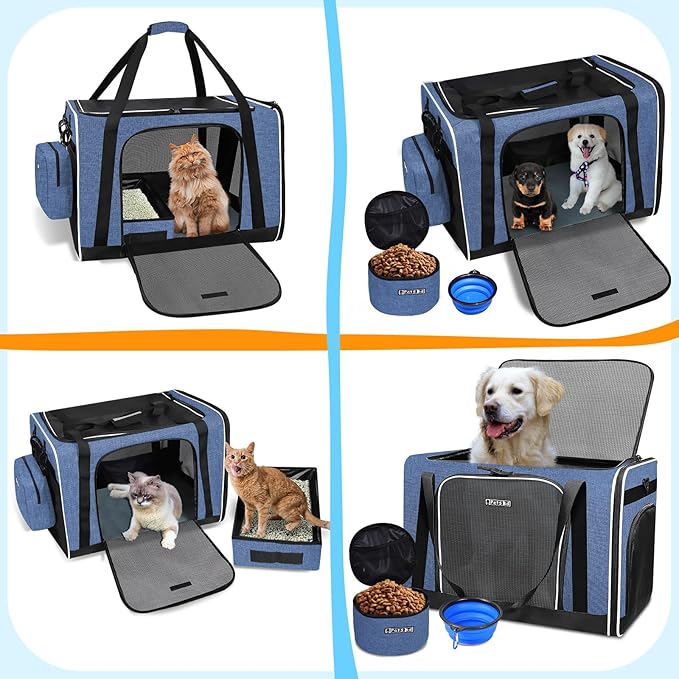 Petskd Extra Large Cat Carrier with Litter Box 24"x17"x17" for Medium Large Cat or 2 Small Cats, Collapsible Soft Sided Pet Carrier for Car Travel with Lockable Safety Zippers(Blue)