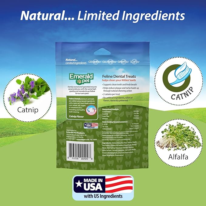 Feline Dental Treats — Tasty and Crunchy Cat Dental Treats Grain Free — Natural Dental Treats to Clean Cat Teeth, Freshen Cat Breath, and Reduce Plaque and Tartar Buildup — Catnip Treats, 3 oz