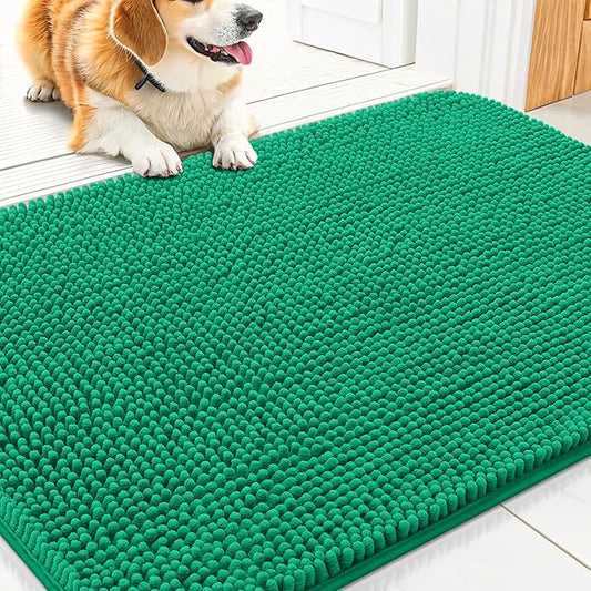 Smiry Dog Door Mat for Muddy Paws 30x20, Absorbs Moisture and Dirt Doormat, Non-Slip Washable Quick Dry Chenille Front Door Mat Indoor Entrance, Entryway Carpet for Inside Floor, Emerald Green