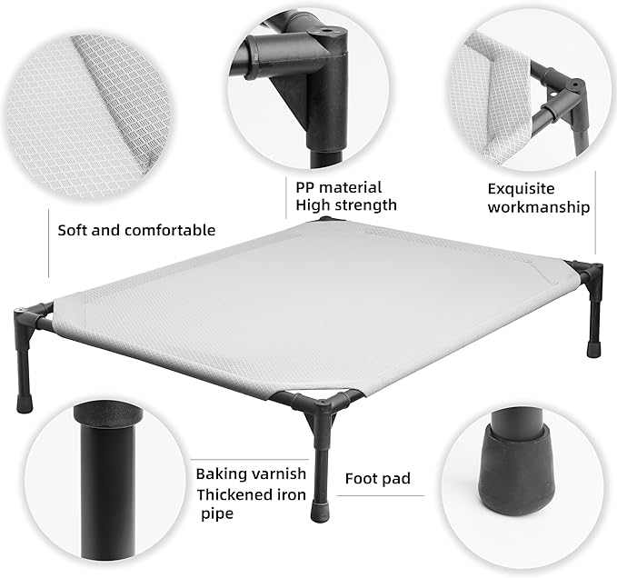 Soft Mesh Elevated Pet Bed for Large Medium Dogs Outdoor Resting Cot with Water-Resistant, Air-Permeable, Cooling and Anti-Skid Portable Dog Bed, Up to 80 lbs,33.3" L x 25.2" W x 6.9" H, Gray