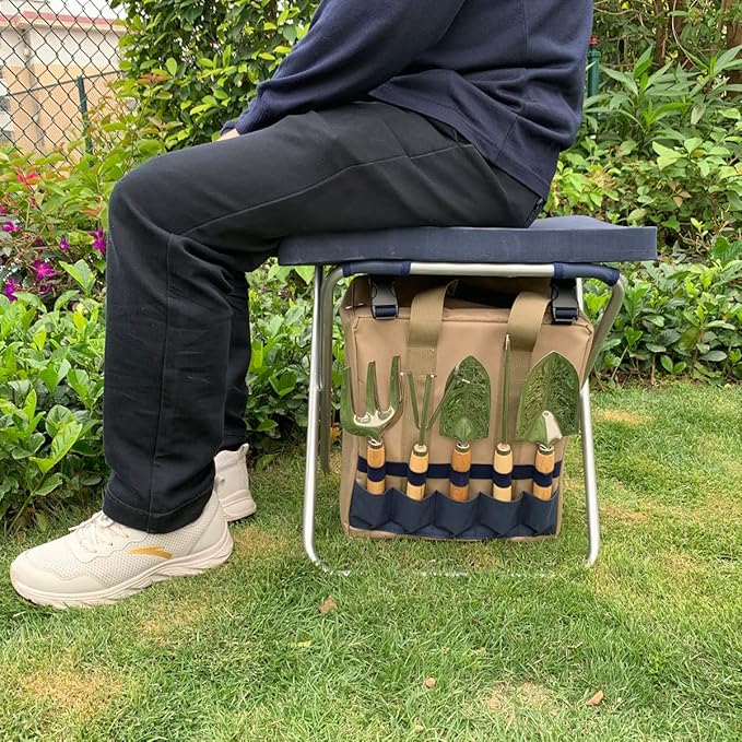 Garden Folding Gardener Stool with Gardening Tools Insulation Garden Bags Plus 5 Garden Tools and Gardening Kneeler Ideal Gift for Mother's Day/Father's Day (Navy Blue)