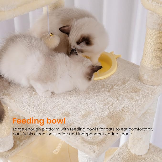 Heybly Tall Cat Tree, 78-inch Multi-Level Cat Tower for Indoor Cats, 2 Widened Plush Perches Cat Condo with Scratching Board and Big Caves, Beige HCT033M