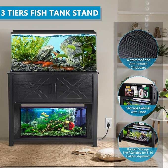 40 Gallon Tank Stand with Cabinet and Power Outlets, Heavy Duty Metal Aquarium Stand for 40-50 Gallon Breeder Tank, Turtle Tank, Double Terrarium Stand, 660LBS Capacity, Black