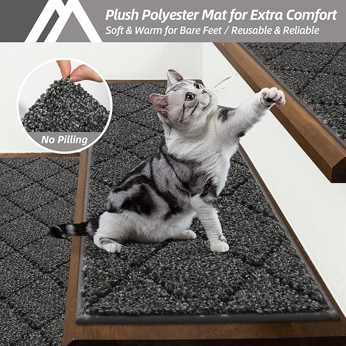 COSY HOMEER Edging Stair Treads Non-Slip Carpet Mat 28inX9in Indoor Stair Runners for Wooden Steps, Edging Stair Rugs for Kids and Dogs, 100% Polyester TPE Backing (10pc, Black)