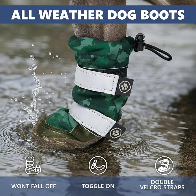 Spark Paws Dog Shoes, Waterproof Dog Boots for Medium to Large Dogs, Non Slip, Breathable Dog Booties and Paw Protectors - 4PCS Doggie Hiking Boots with Reflective Straps, Green Camo, Size 1