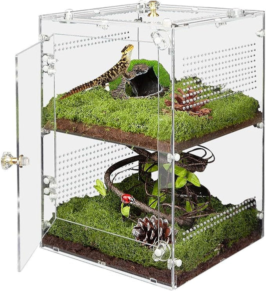 Large Jumping Spider Enclosure, 2 in 1 Acrylic Reptile Terrarium for Praying Mantis,Arboreal Tarantula,Frogs,Snails, 12"*8"*8" Breeding Habitat with Front & Top Opening Doors and Vent Holes