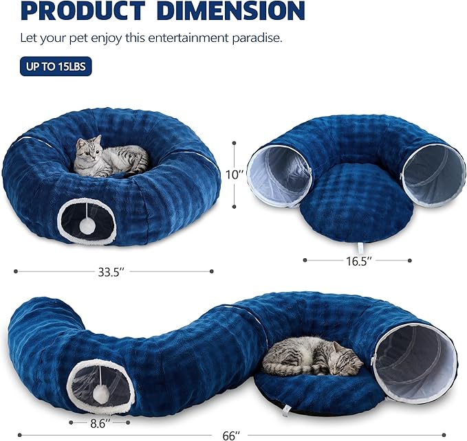 Bubble Cat Tunnel for Indoor Cats, Round Peekaboo Cave Toy with Dangling Balls, Donut Tunnel Bed with Circle Mat for Puppy Kitten Rabbit, Navy Blue