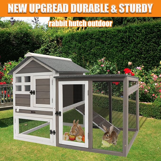 Rabbit Hutch-Indoor Outdoor Rabbit Hutch with Pull Out Tray Large Rabbit Hutch FirWood Bunny Hutch Indoor Guinea Pig Cages Waterproof Asphalt Roof, GREYWHITE, RAB HUTCH#17 (RAB17)