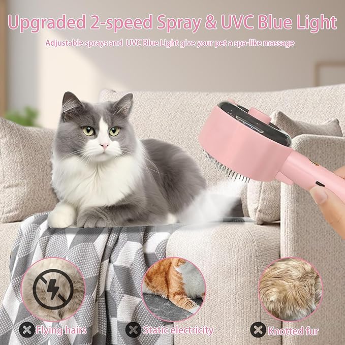 Cat Steam Brush For Shedding, Steamy Dog Grooming Brush With 2-Speed Spray, Blue Light And Release Button, Rechargeable Water Pet Hair Brushes Wet Self Cleaning Spa Comb