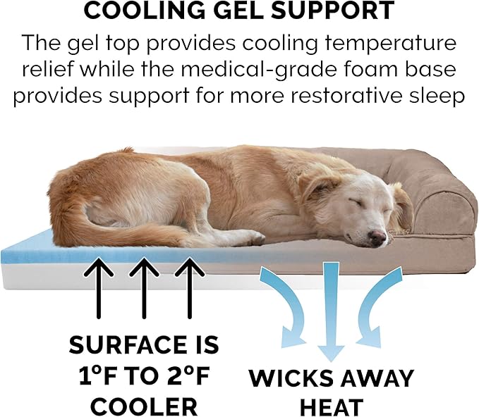 Furhaven Cooling Gel Dog Bed for Large Dogs w/ Removable Bolsters & Washable Cover, For Dogs Up to 95 lbs - Plush & Suede Sofa - Almondine, Jumbo/XL