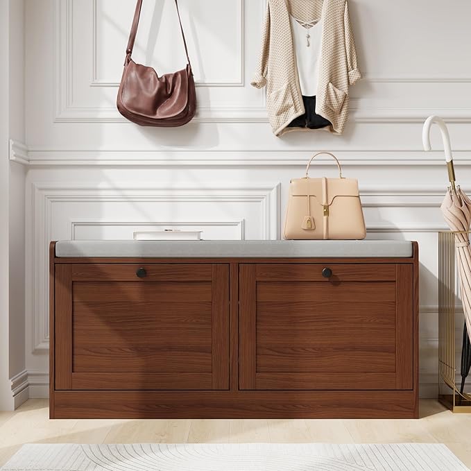 MHOM Brown Modern Entryway Bench with 2 Flip Drawers, Entryway Shoe Bench with Padded Seat Cushion, Wooden Storage Bench for Bedroom and Apartment