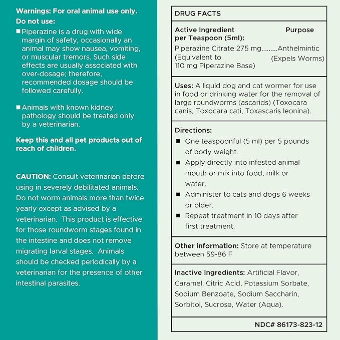 Dog and Cat Dewormer Liquid - 4 oz Wormer Solution to Paralyze and Expel Roundworms - Kitten and Puppy Dewormer