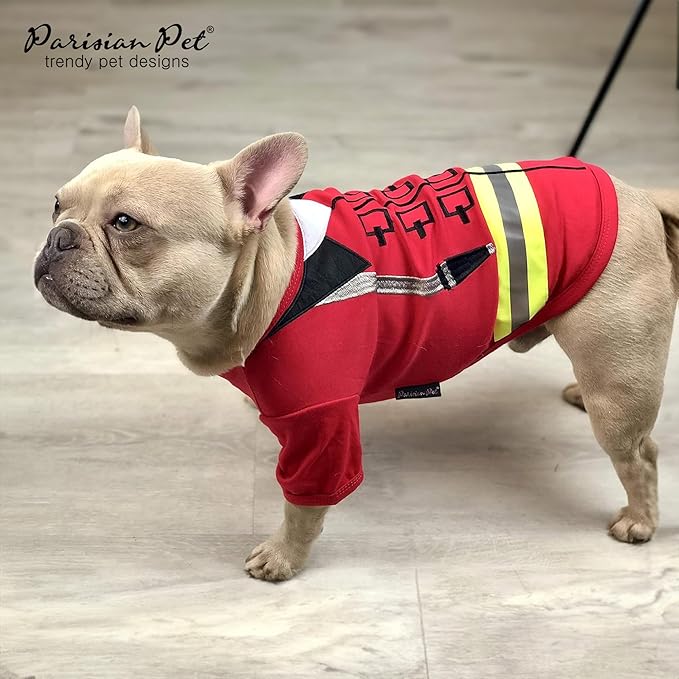 Parisian Pet Embroidered Firefighter Dog Costume - 100% Cotton & Polyester - Sleeved - Red - Large - Lightweight