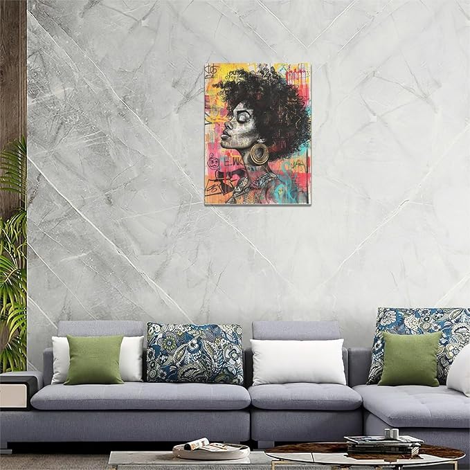 Quorin African American Wall Art Banksy Graffiti Black Woman Pictures Black Girl Wall Decor Canvas Print Painting Artwork for Bathroom Living Room Bedroom 12"x16"