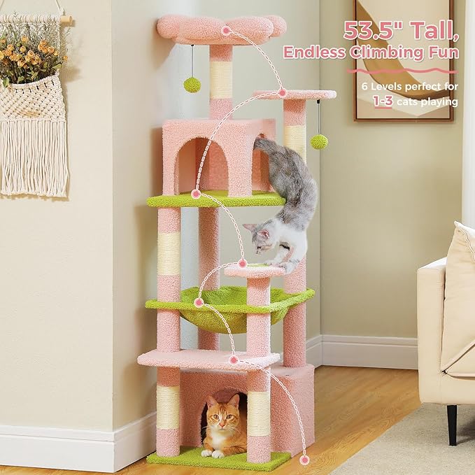 PAWZ Road Cat Tree, 53.5 Inches Tall Cat Tower with Spacious Hammocks, Condos and Scratching Posts, Cat House with Dual Padded Perches for Indoor Large Cats-Pink