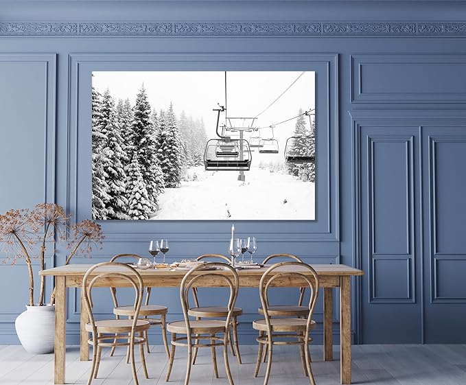 Nature Wall Art Prints - Ocean Forest Mountain Lake Canvas Landscapes - Small to Extra Large Living Room Bedroom Kitchen Bathroom Décor (Ski Lift on Snowy Mountain, 16L" x 24W")