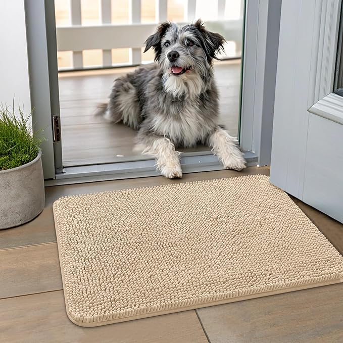 Smiry Dog Door Mat for Muddy Paws 24x16, Absorbs Moisture and Dirt Doormat, Non-Slip Washable Quick Dry Chenille Front Door Mat Indoor Entrance, Entryway Carpet for Inside Floor, Beige
