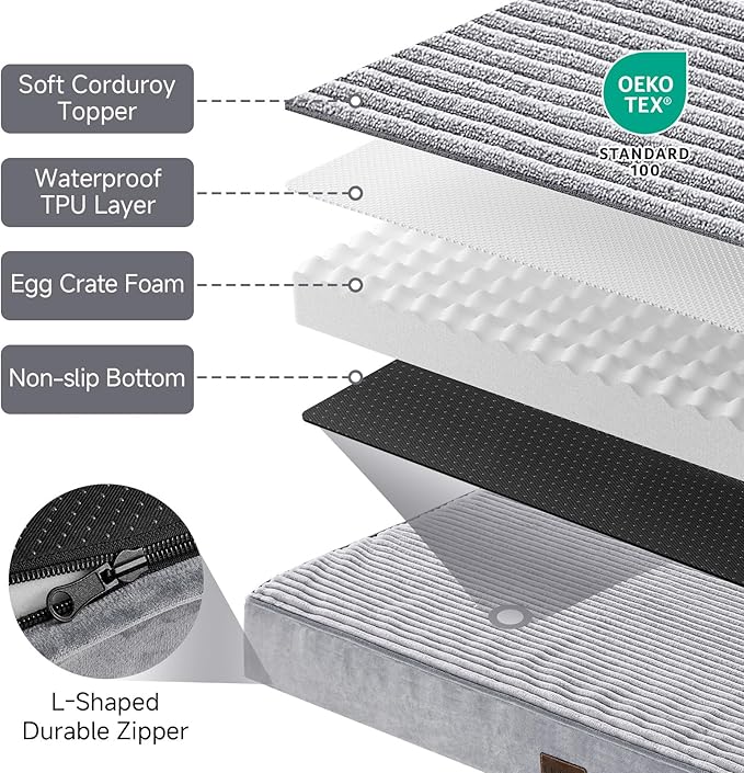 OhGeni Orthopedic Waterproof & Machine Washable Dog Bed for Extra Large Pets, Wider & Larger Size, Cat Mat with 25D Egg Crate Foam, Removable Cover & Invisible Zipper, 54 Inches(Gray)