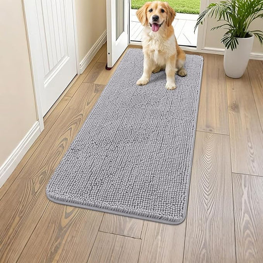 Smiry Dog Door Mat for Muddy Paws 47x24, Absorbs Moisture and Dirt Doormat, Non-Slip Washable Quick Dry Chenille Front Door Mat Indoor Entrance, Entryway Carpet for Inside Floor, Light Grey