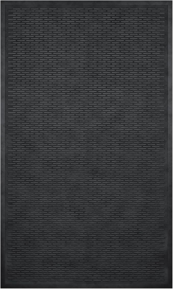 Indoor/Outdoor Hose-Wash Ribbed Design Non-Slip Rubber 3x5 Modern Area Rug for Living Room, Bedroom, Dining Room, Office, 35" x 60", Black