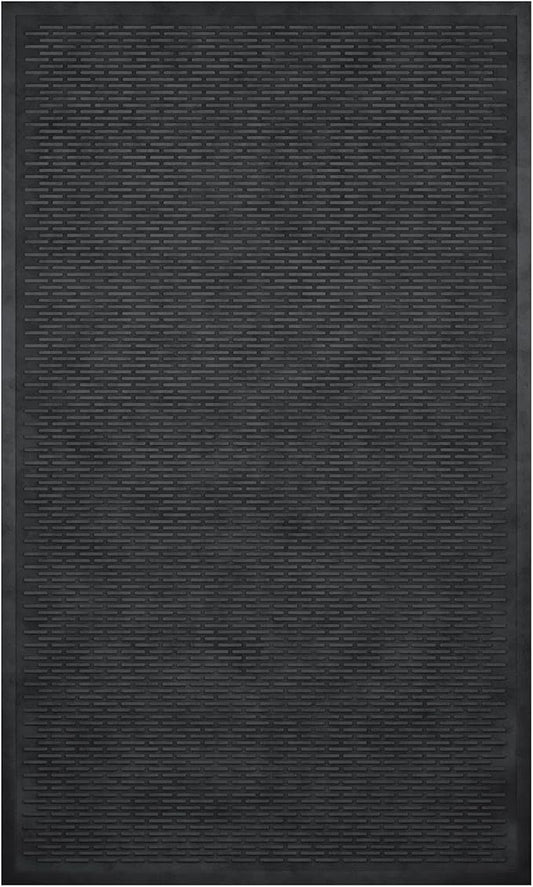 Indoor/Outdoor Hose-Wash Ribbed Design Non-Slip Rubber 3x5 Modern Area Rug for Living Room, Bedroom, Dining Room, Office, 35" x 60", Black