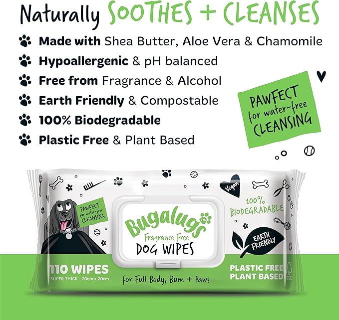 Dog Wipes, 100% Plastic Free Biodegradable pet Wipes for Full Body, Eye Wipes, Ear Wipes, Bum & Paws. 110 Sensitive Dog Grooming Wipes for Dogs, Puppy & cat Grooming (Fragrance Free)