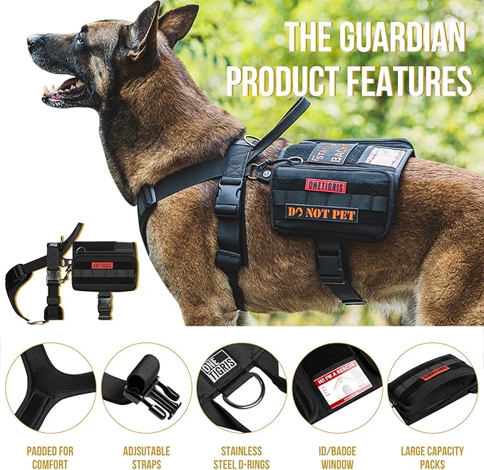 OneTigris Service Dog Vest Harness, Service Dog Cape Guardian Dog Backpack Harness with Pouches Dog Saddle Bag for Small Medium and Large Dogs (Black, M)