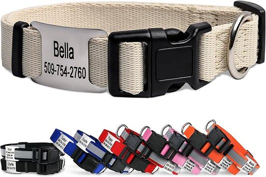 GoTags Personalized Dog Collar with Nameplate, Adjustable Dog Collar with Custom Engraved Slide On Pet ID Tag in Stainless Steel, Silent, No Noise Dog Tag (Beige, Medium)