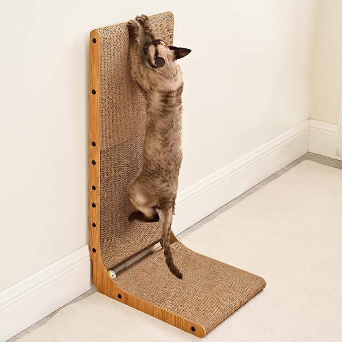 EHEYCIGA Cardboard Cat Scratcher for Indoor Cats, 32 Inch L Shaped Vertical Cat Scratching Board with Ball Cat Toy, Extra Large Cat Scratcher Pad, Brown