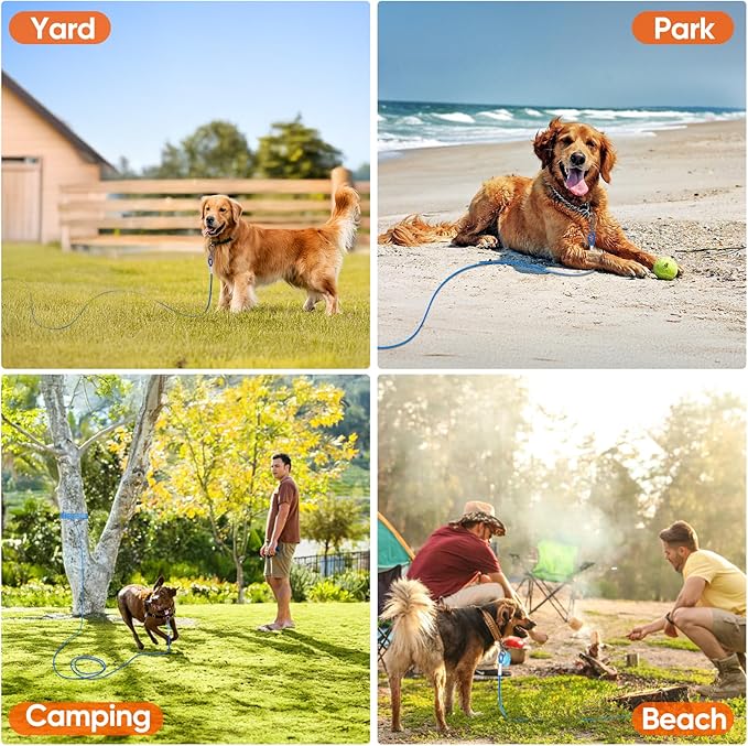 Tresbro 40FT Reflective Tie Out Cable for Dogs Up to 250 Pounds, Steel Wire Lead Leash Cable with Stainless Rotatable Clip, Lightweight and Enduring, Dog Lead Chains for Outside,Yard,Camping, Blue