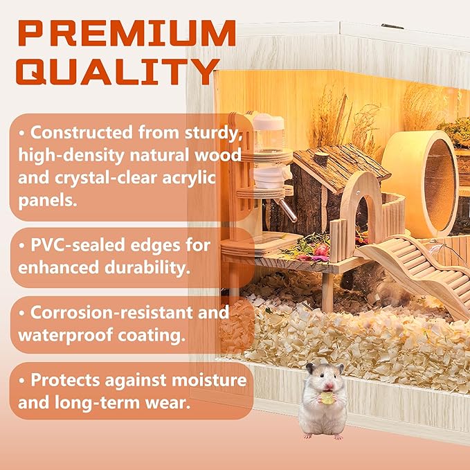 Prolee Hamster Cage Chewproof Wooden 24 Inch Guinea Pig Cages Mice and Rat Habitat Openable Top with Acrylic Sheets Solid Built