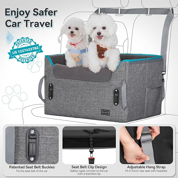 PETSFIT Dog Booster Car Seat for Small/Medium Dogs, Dog Car Seat for Medium Sized Dog with 2 Clip-On Safety Leashes and Patented Buckles, Pet Car Seat with Storage Pockets for Pets Under 45Lbs (Grey)