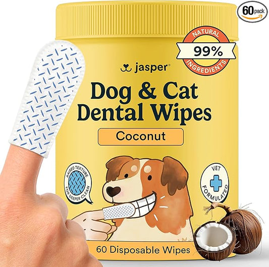 Jasper Dog Dental Wipes, Dog Finger Toothbrush Disposable, Tooth Brush Cleaning Wipes, Pet Teeth Cleaning Dental Care, 60 Count, Coconut